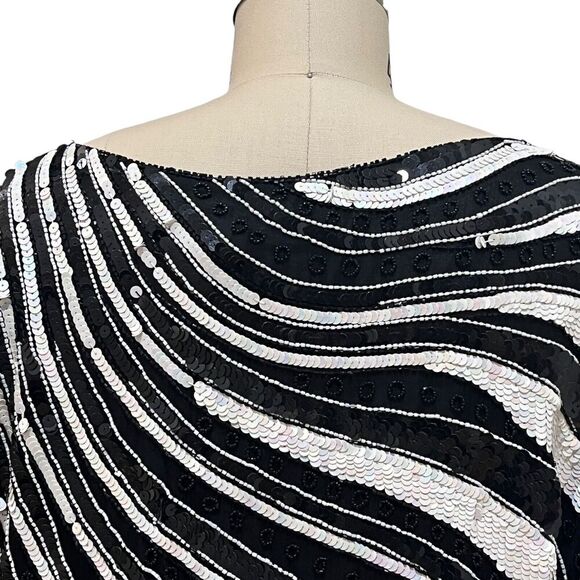 VTG Creative Creations Sequin Beads Sequins Top black White Silk sz Medium - Picture 4 of 7